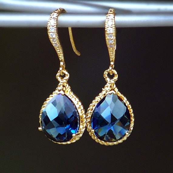 Sapphire Blue Crystal Teardrops Set in Gold on Pave' Diamond French Earwires