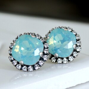 Pacific Opal Crystal Stud Earrings, Blue Opal Halo Stud Earrings, Antique Silver Crystal Post Earrings