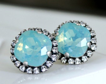 Pacific Opal Swarovski Crystals Framed with Pave' Crystals on Antique Silver Post Earrings, Halo Stud Earrings