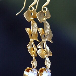 Gold Flowers with Clear Crystal Earrings, Gold Orchid Drop Earrings, Long Dangle Earrings, Gold Floral Earrings, Birthday Gift image 3