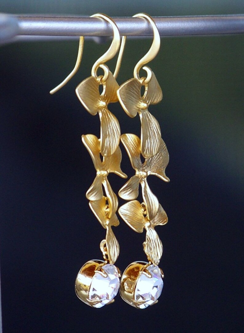 Gold Flowers with Clear Crystal Earrings, Gold Orchid Drop Earrings, Long Dangle Earrings, Gold Floral Earrings, Birthday Gift image 3