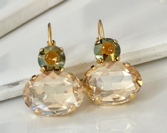 Swarovski Golden Shadow Ovals With Crystal Iridescent Green Crystals on Top, Dangle Lever Back Earrings in Gold
