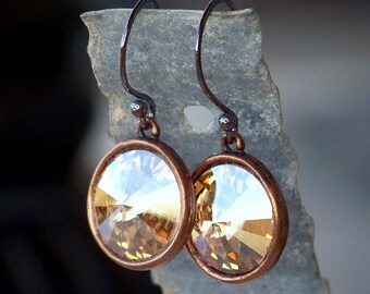 Antique Copper and Golden Shadow Swarovski Crystal Dangle Earrings, Gold Crystal and Copper Earrings