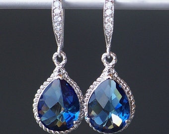 Sapphire Blue Crystal Drop Earrings, Blue Crystal Drop Earrings, Blue Teardrop Earrings, Bridesmaid Earrings, Bridal Jewelry