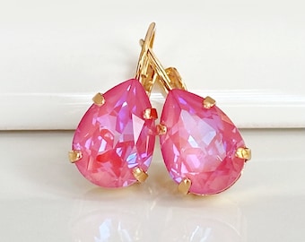 Gold Crystal Drop Earrings, Dainty Gold Earrings, Pink Crystal Teardrop Earrings, Bright Pink Drop Earrings, Gift for Her