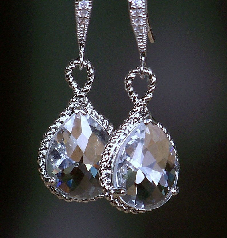 Crystal Drop Earrings, Crystal Jeweled Teardrop Earrings in Silver image 4