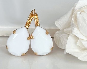 Vintage White Crystal Drop Earrings, Crystal Teardrop Gold Earrings, White & Gold Crystal Earrings, Gold Bridal Earrings, Gift For Her