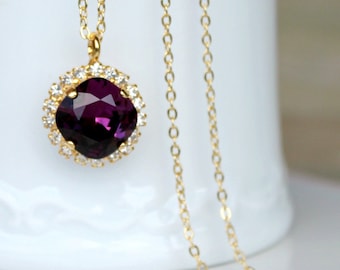 Crystal Halo Pendant, Gold Pendant Necklace, Amethyst Swarovski Crystal Halo Pendant on Gold Chain, Amethyst Crystal Jewelry