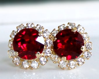 Brilliant Ruby Red Swarovski Crystals Framed with Halo Crystals on Gold Post Earrings