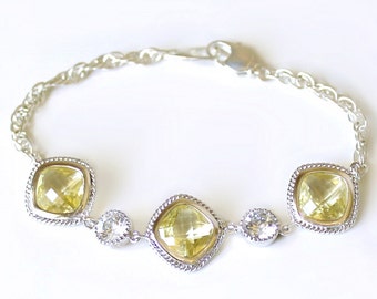 Lemon Yellow Crystals Set in Silver with Accent CZs on a Silver Bracele, Wedding Bracelet, Bridal Jewelry