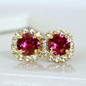 Gold and Fuchsia Swarovski Crystals Framed with White Opal Halo Crystals on Gold Stud Earrings image 2