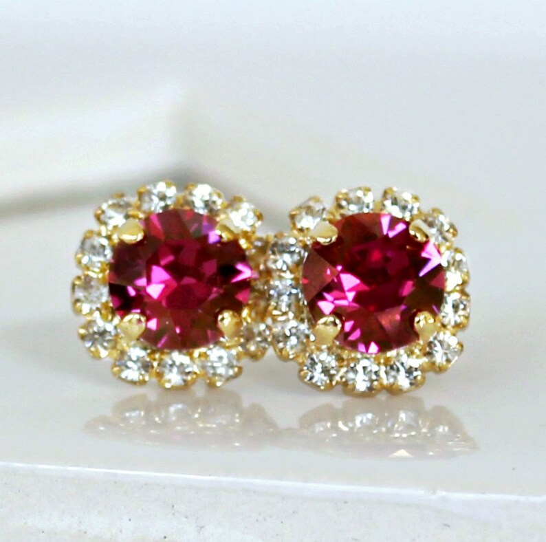 Gold and Fuchsia Swarovski Crystals Framed with White Opal Halo Crystals on Gold Stud Earrings image 2