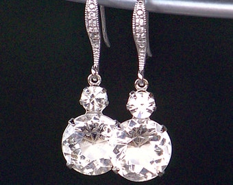 Silver and Sparkling Clear Swarovski Crystal Dangle Earrings