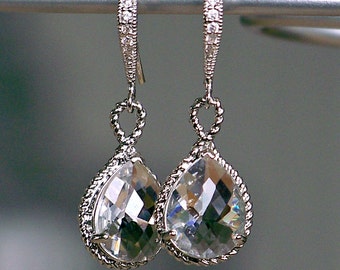 Crystal Drop Earrings, Crystal Jeweled Teardrop Earrings in Silver