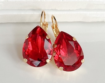 Red Rose Crystal Drop Earrings, Red Swarovski Crystal Teardrop Earrings, Gold Teardrop Crystal Earrings, Gold Crystal Teardrop Earrings