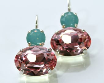 Sparkling Antique Pink and Pacific Opal Swarovski Crystal Dangle Leverback Earrings in Silver