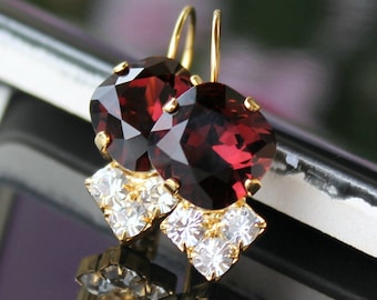 Rich Garnet Swarovski Crystals with Three Brilliant Clear Crystals on Gold Leverback Earrings