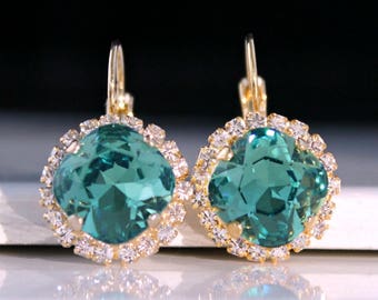 Beautiful Green Swarovski Crystals Framed with Clear Halo Crystals on 14k Gold Leverback Earrings