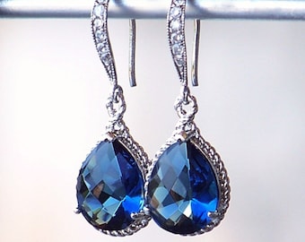 Pendientes de gota de cristal, pendientes de lágrima de cristal azul zafiro en plata, pendientes de cristal delicados, joyería nupcial