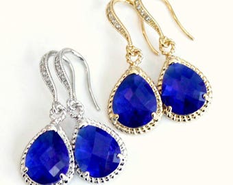 Majestic Blue Crystal Drop Earrings, Cobalt Blue Teardrop Crystals in Silver or Gold with Crystal Detailed French Earrings, Gift for Her