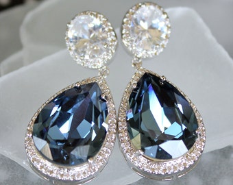 Sapphire Blue Swarovski Crystal Teardrops With CZ Halo Crystals On CZ Stud Earrings