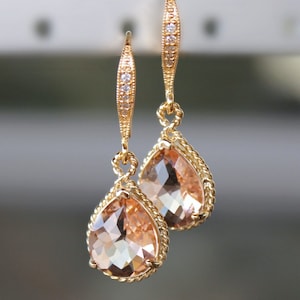 Beautiful Blush Crystal Teardrops Framed in Gold or Silver, Hanging From French Jeweled Earrings image 1
