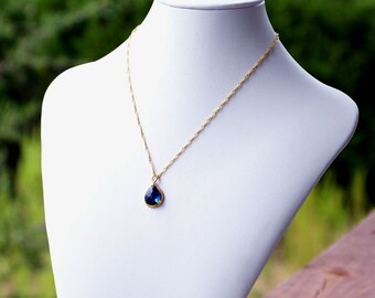 Sapphire Blue Crystal Teardrop and Gold Pendant Necklace