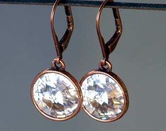 Clear Swarovski Rivoli Crystals Set in Antique Copper Settings on Lever Back Earrings