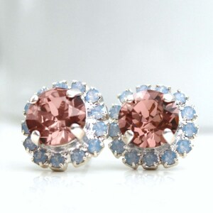 Pink Crystals & Light Blue Opal Halo Crystals on Silver Post Earrings, Silver Halo Earrings, Halo Earrings