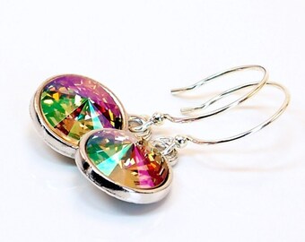 Colorful Swarovski Crystal and Sterling Silver Dangle Earrings