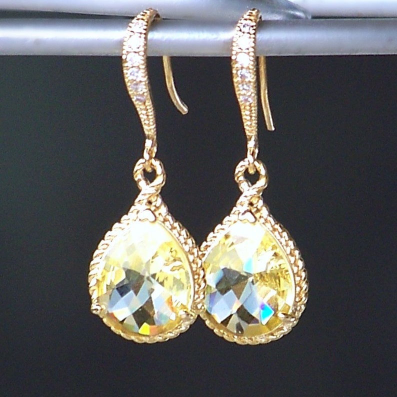Lemon Yellow Jeweled Teardrop Earrings in Gold - Etsy