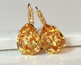 Golden Topaz Swarovski Crystal Teardrops on Gold Lever Back Earrings, Gold Topaz Teardrop Drop Earrings, Golden Crystal Earrings