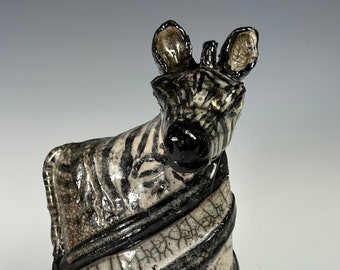 740 Zebra Box Container Raku-Fired Art Object 9”x5”x4”