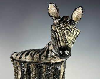 739 Zebra Box Container Raku-Fired Art Object 12”x7”x6”