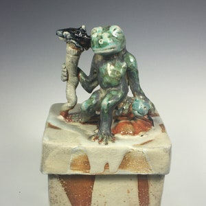 587 Decorated Lidded Box with Frog with Orca Walking Stick Sitting On Turtle 10”x5”x5”