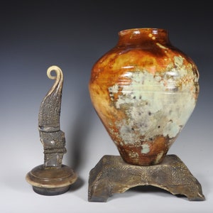 422 Raku Vase with Large Sculpted Handle on Clay Base 24” (H) x9” (W) x9” (D)