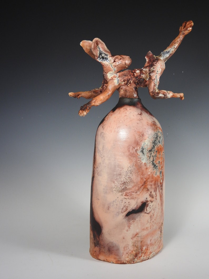 46 Rabbit Hare Saggar Fired Animal Sculpture and Bottle 2 pieces 16 (H) x shops 5 (W) x 10 (D)