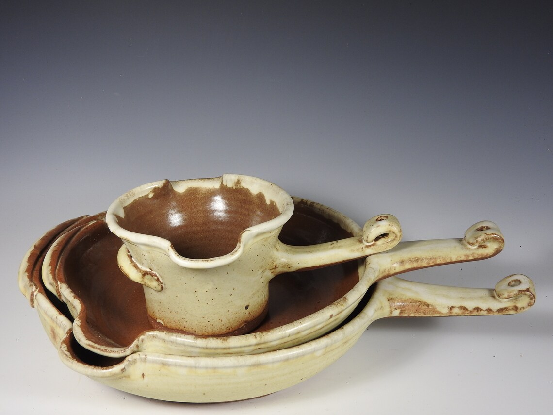 423 Clay Gravy Bowl Butter Warmer Pottery Works Flameware with Handle Shino 4.5 H x7.25 W x11 D