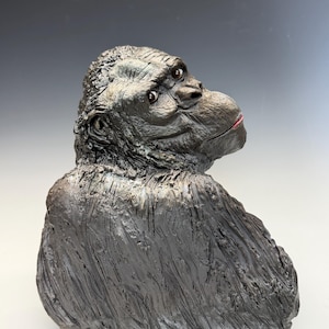 May include: A detailed sculpture of a gorilla's head and upper torso. The sculpture is dark gray with textured fur and a slightly open mouth revealing a hint of red. The gorilla is looking upwards, showcasing its expressive eyes.
