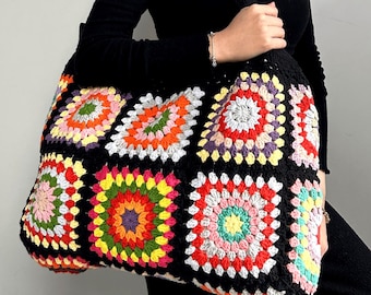 Black Granny Square Bag, Multicolor Crochet Tote Bag, Bright Summer Fashion Bag, Handmade Crochet Shoulder Bag, Boho Beach Carry All Bag