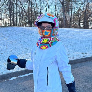 Crochet Rainbow Star Balaclava,Ski Crochet Balaclava,Crochet Ski Helmet Hood Cover,Crochet Ski Helmet Mask,Knitted Balaclava,Gift for her