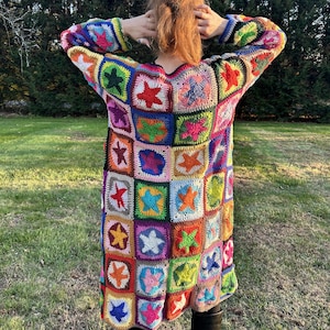 Rainbow Star Crochet Cardigan: Handmade Colorful Boho Festival Granny Square Jacket