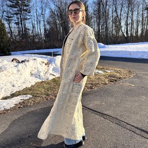 Granny Square Crochet Duster Cardigan:  Cream Boho Maxi Cottagecore Coat Cardigan