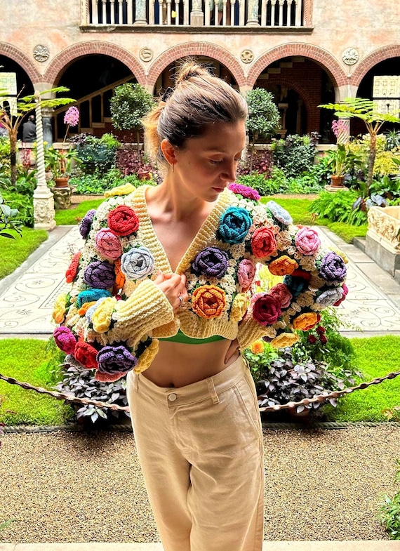 Crochet Rose Crop Cardigan: Colorful 3D Floral Jacket, Handmade