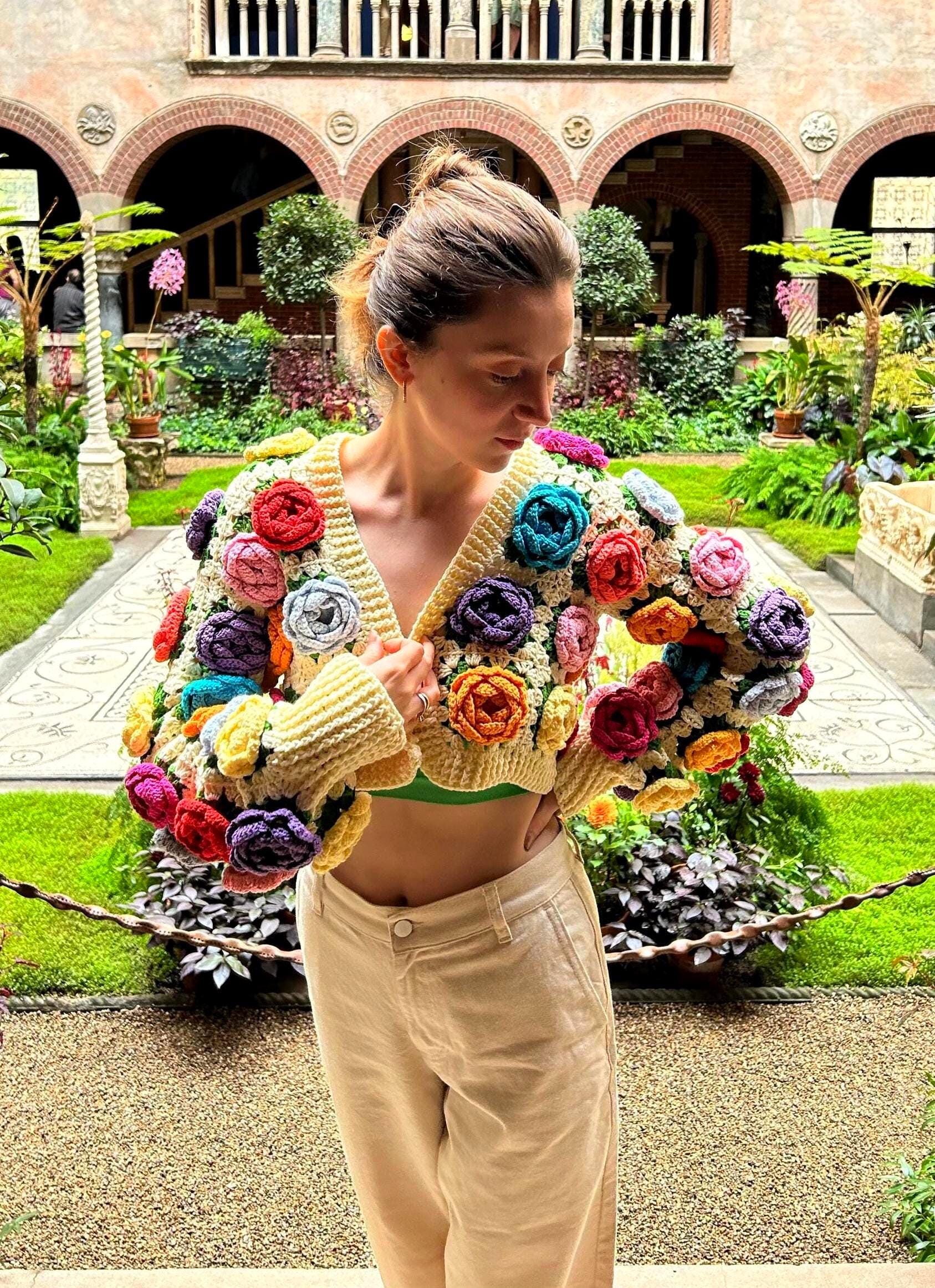 美品☆プラダ CLOQUET FLOWER JACKET ジャガード ブルゾン Crochet Rose Crop Cardigan: Colorful 3D Floral Jacket, Handmade