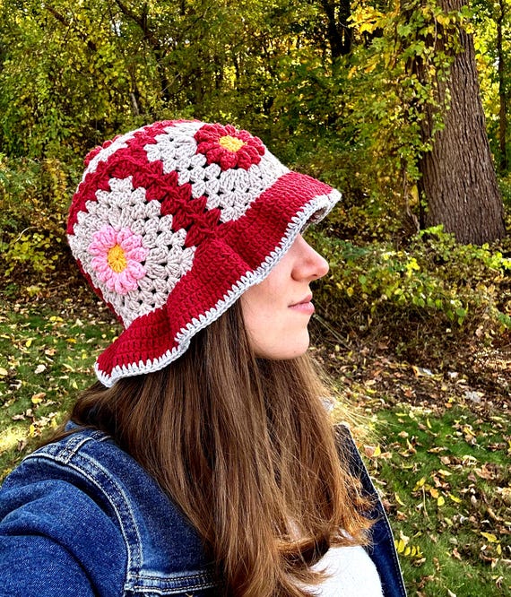 3D Rose Crochet Bucket Hat: Red & Gray Floral Boho Style - Etsy