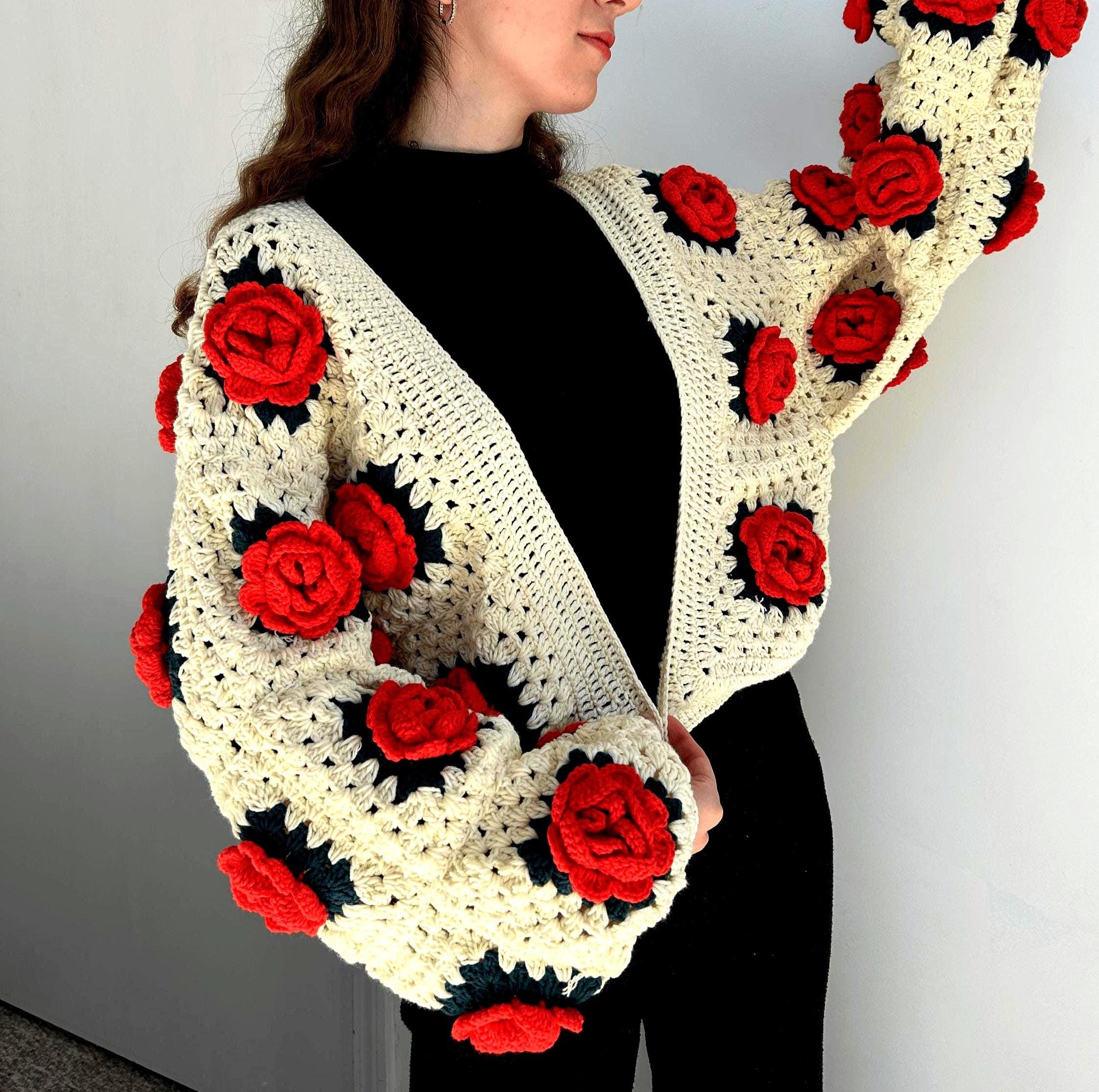 Crochet Red Rose Cardigan: Cream Granny Square Floral Sweater