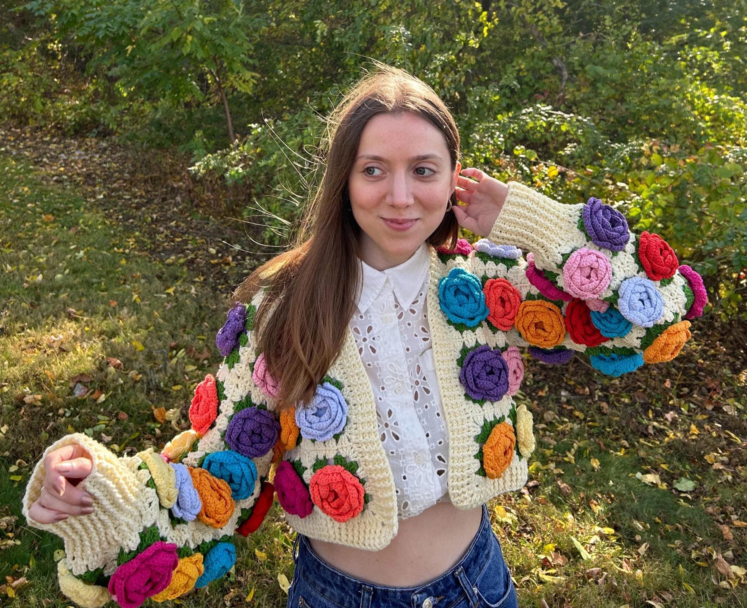 Crochet Rose Crop Cardigan: Colorful 3D Floral Jacket, Handmade