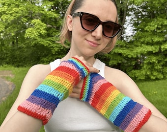 Crochet Rainbow Pride Fingerless Gloves: LGBTQ+ Long Arm Hand Warmers