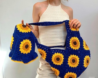 Crochet Granny Square Sunflower Tote Bag: Handmade Boho Floral Market Bag